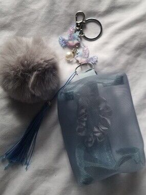 Blue Hummingbird Key & Card Holder with Gray Pom Pom and Tassel
